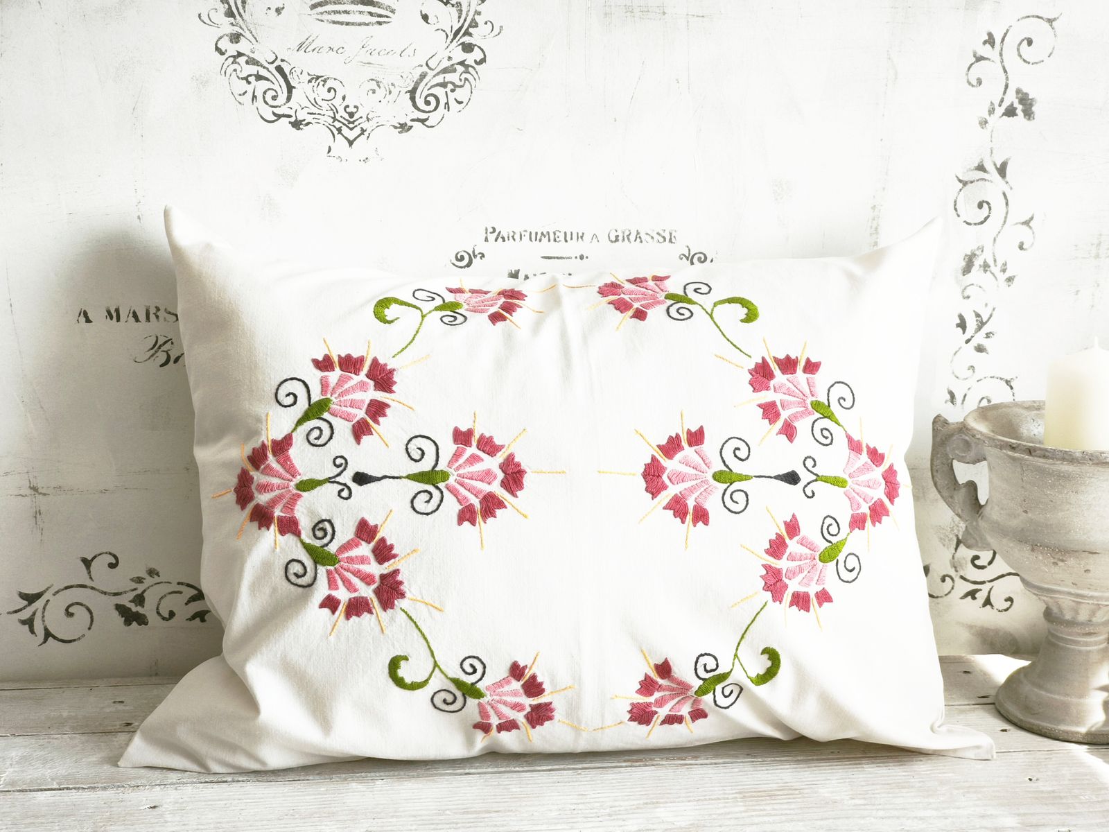 Linen Cushion Embroidered Red Flowers photo furniture