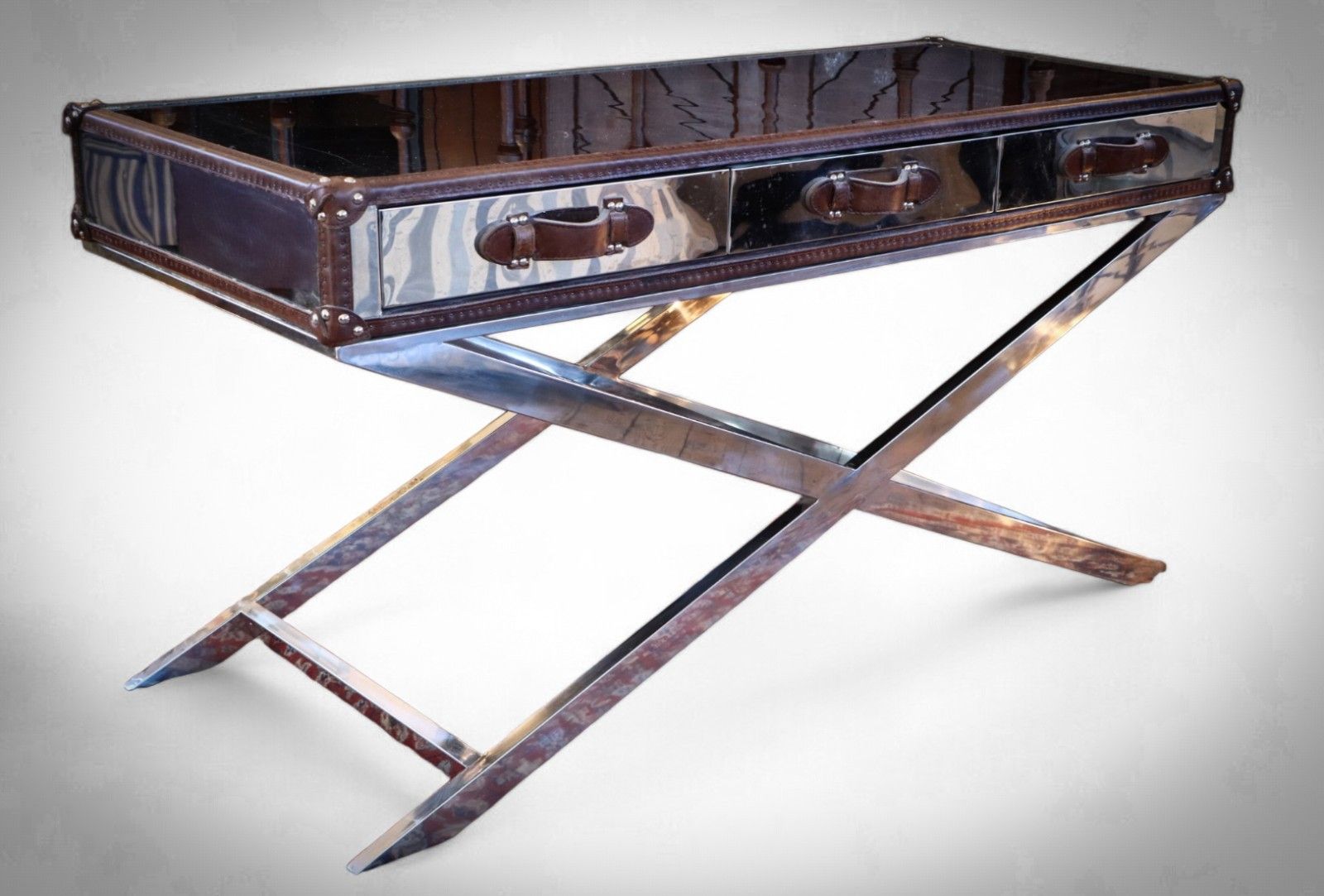 Superb Timothy Oulton Andrew Martin Da Gama Console Desk Drawers Leather Chrome photo furniture