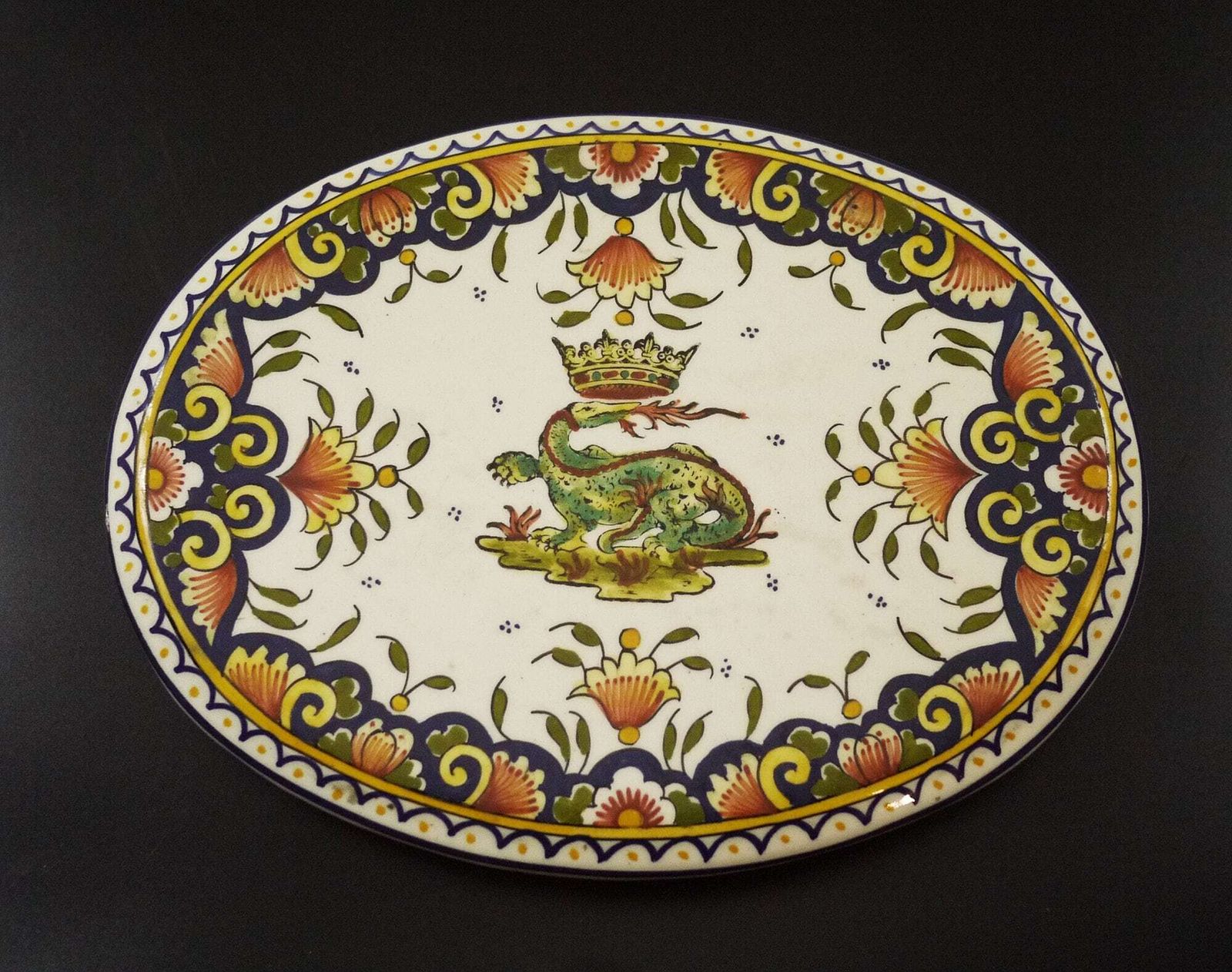 Antique French Decorative Kitchen Trivet In Desvres Ceramic With Classic Royal Crown Decor photo for sale