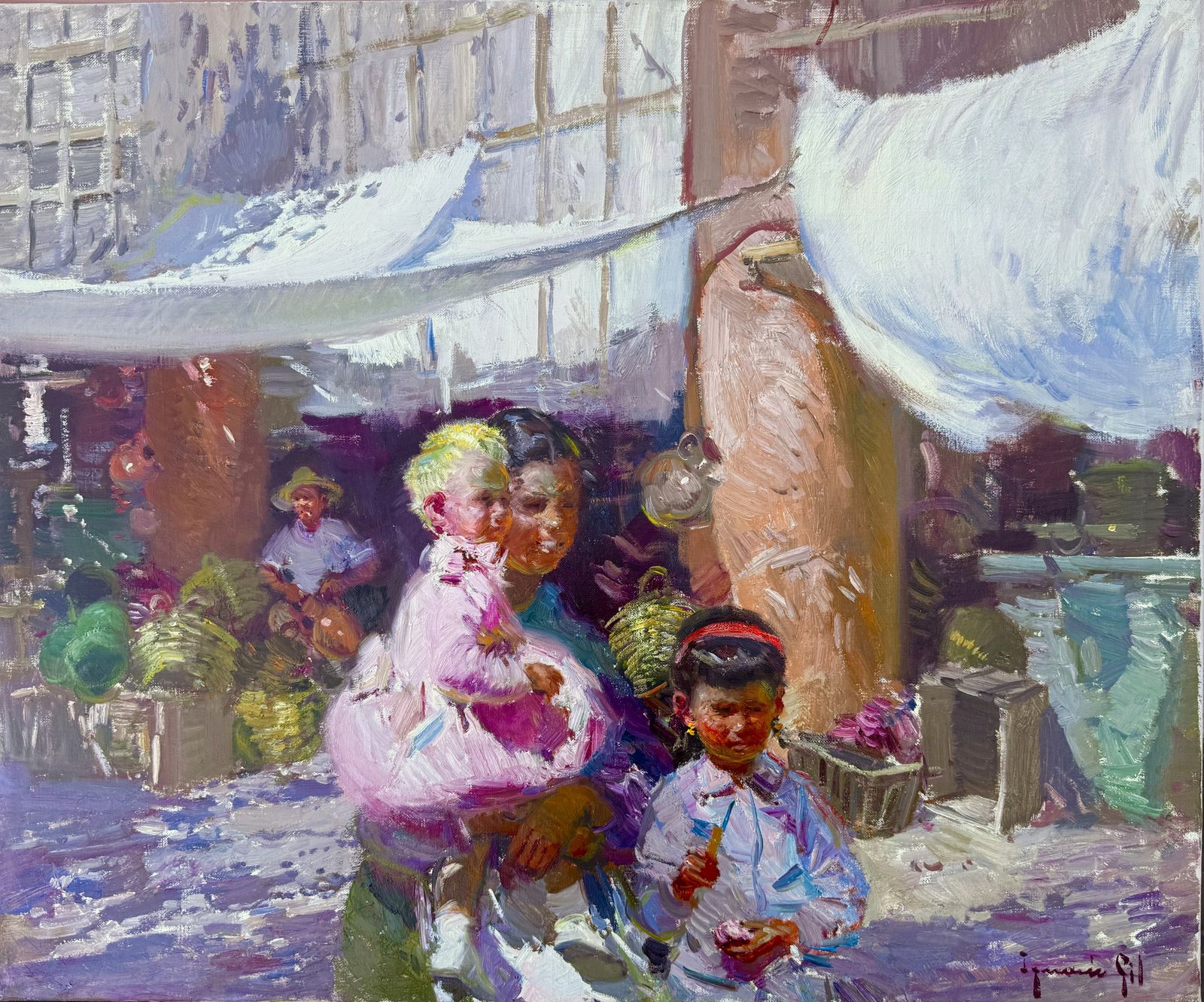 Ignacio Gil Sala Ibiza Children In White Village Mediterranean Figurative Oil Painting Spain 1970s