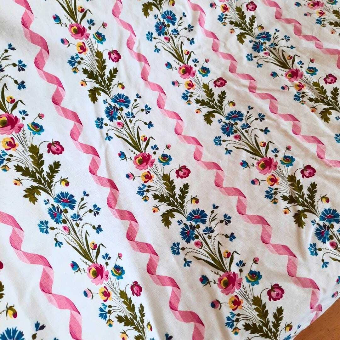 Vintage French Romanex De Boussac Single Pleated Cotton Curtain Guirlandes Pattern H 53 In Tall photo Textiles