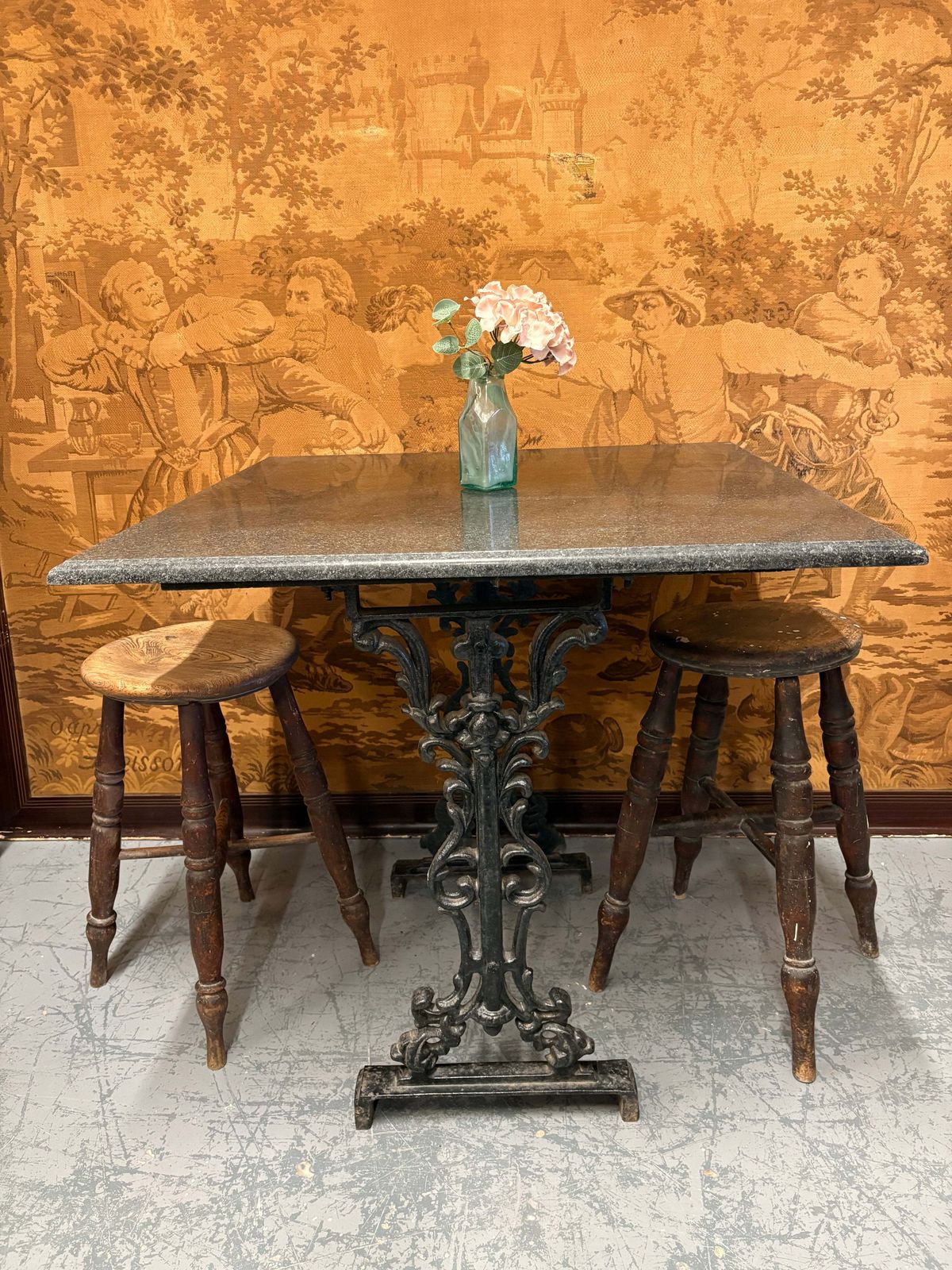 Grey Granite And Antique Cast Iron Base Square Indoor Outdoor Table