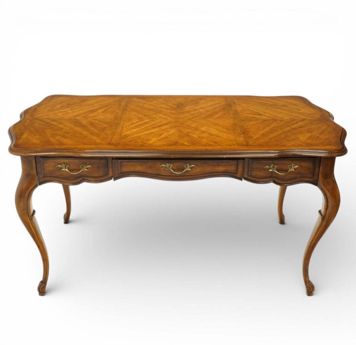 Vintage French Walnut Console Table Parquetry Top & Three Drawers Brass Handles photo furniture