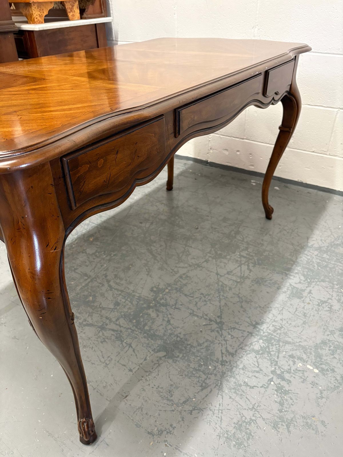 photo for sale Vintage French Walnut Console Table Parquetry Top & Three Drawers Brass Handles