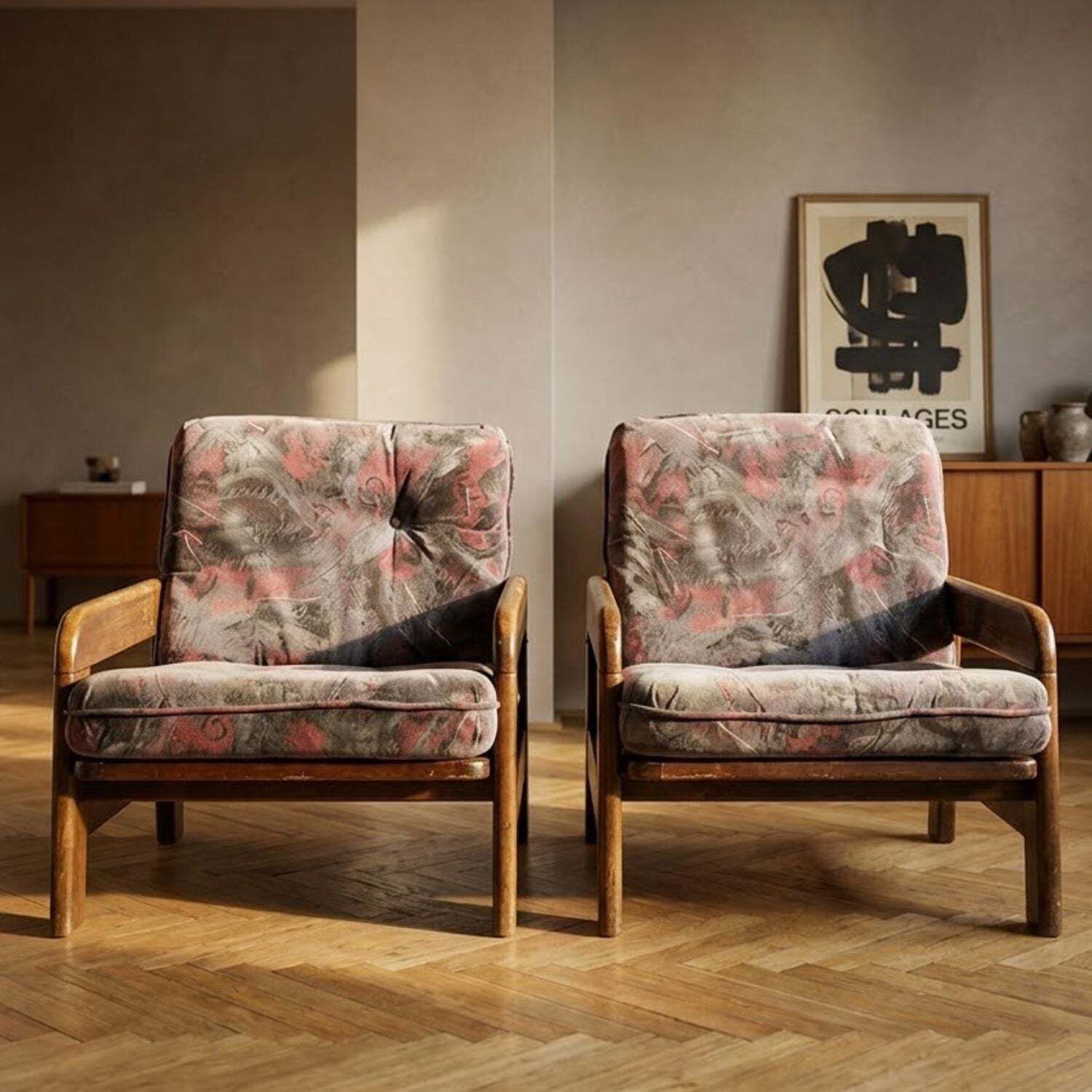 Retro Armchairs, Wooden Frame, 1970s, Central Europe