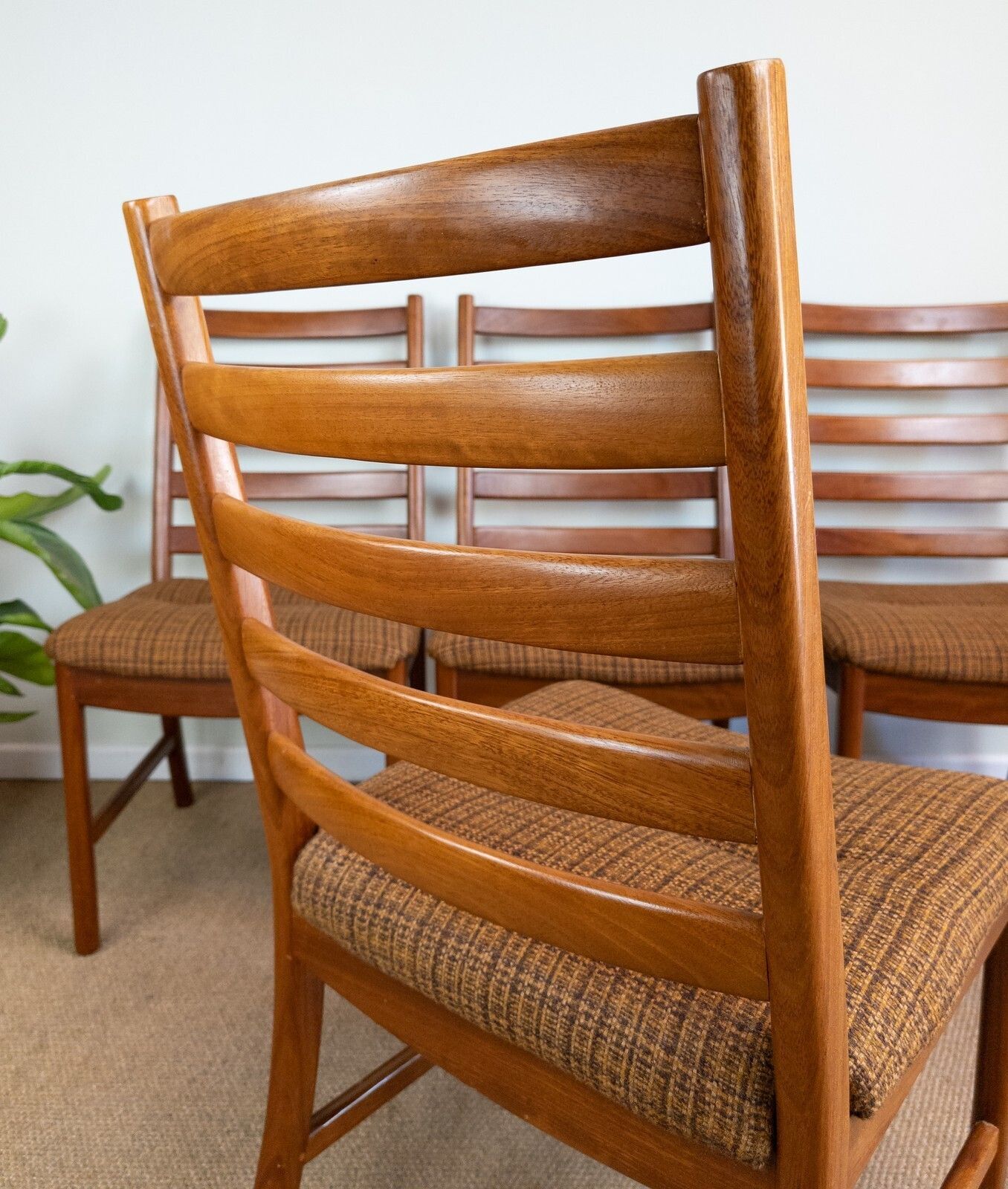 Vintage Mid Century Danish Teak Set Of 4 Js S Large Ladder Back Dining Chairs photo vinterior