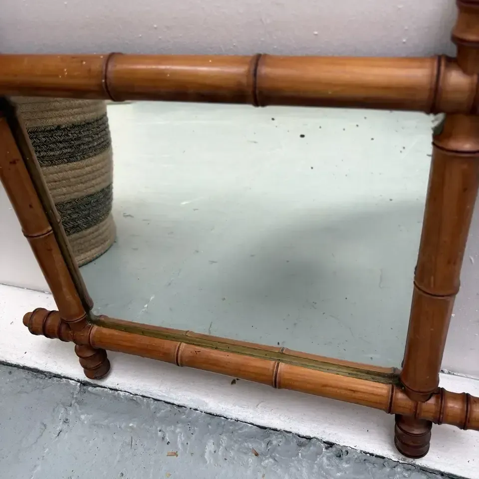 Pine 1920s French Faux Bamboo Small Mirror Reeded Accents 57 X 52 Cm photo Home Decor