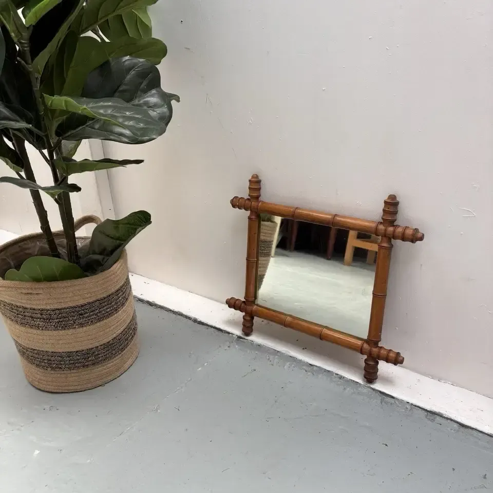 Pine 1920s French Faux Bamboo Small Mirror Reeded Accents 57 X 52 Cm photo 60.0