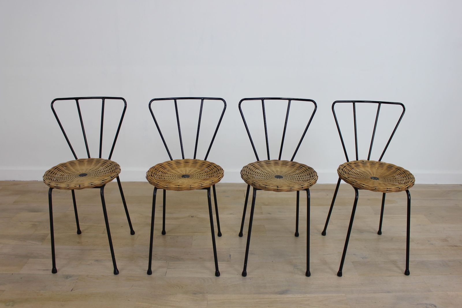 Set Of 4 1960’s Cane And Metal Kitchen Chairs
