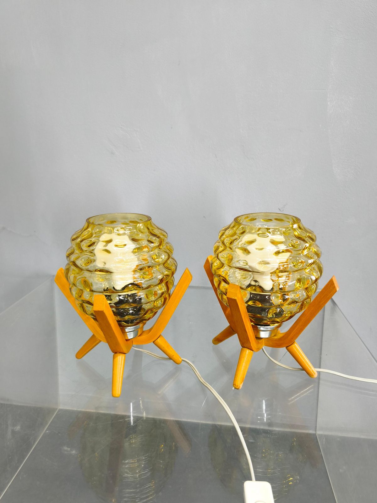 Pair Czech 1970s Wood And Yellow Glass Mid Century Table Lamps photo furniture