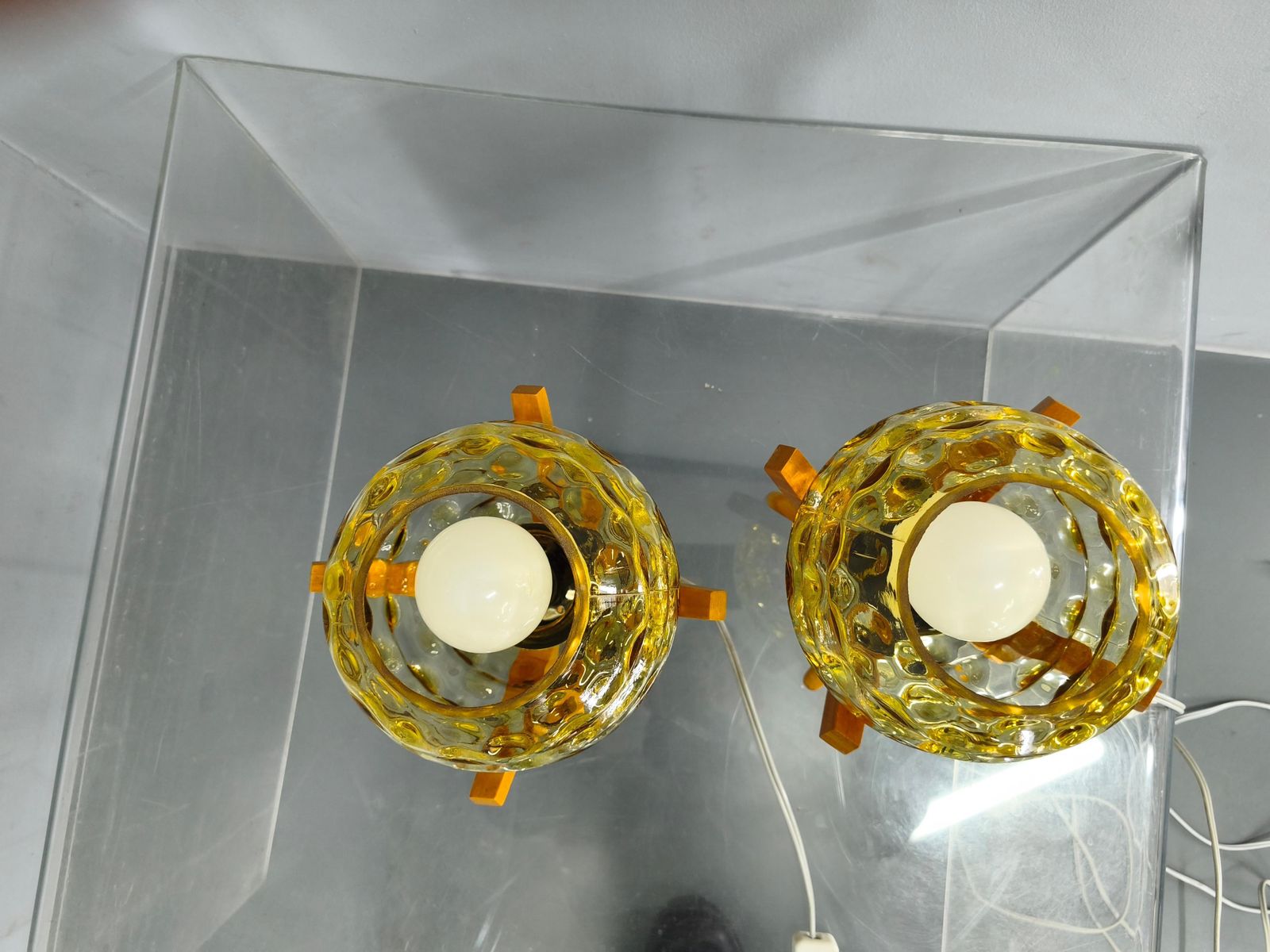 Pair Czech 1970s Wood And Yellow Glass Mid Century Table Lamps photo Lighting