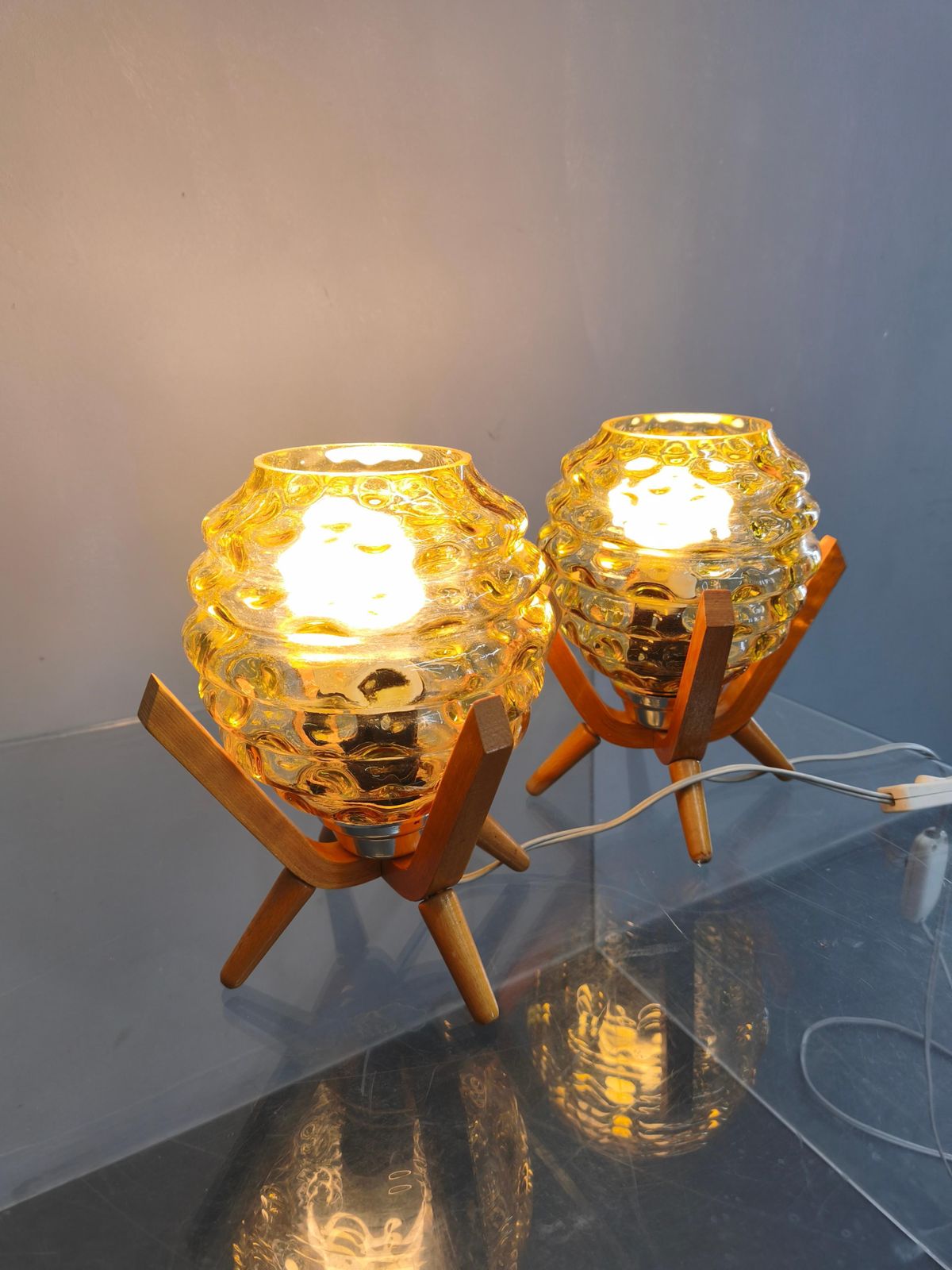 Pair Czech 1970s Wood And Yellow Glass Mid Century Table Lamps photo vinterior