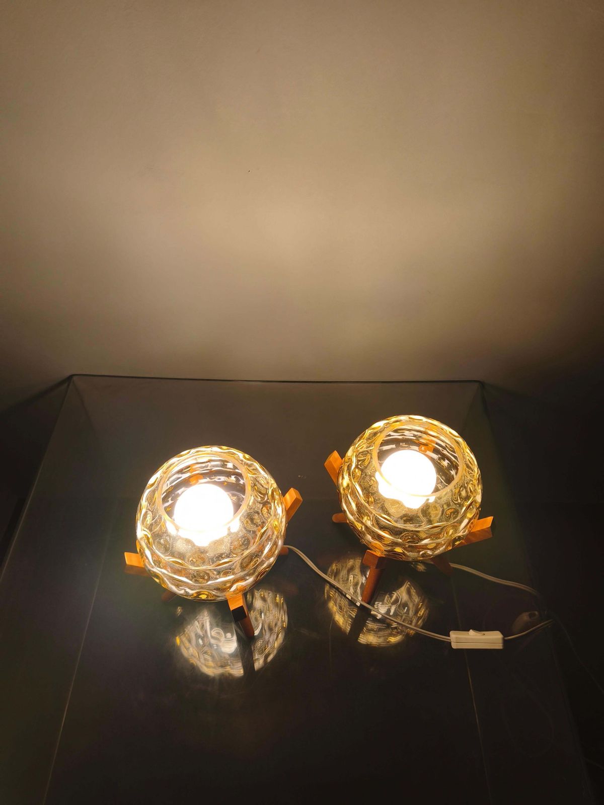 photo for sale Pair Czech 1970s Wood And Yellow Glass Mid Century Table Lamps