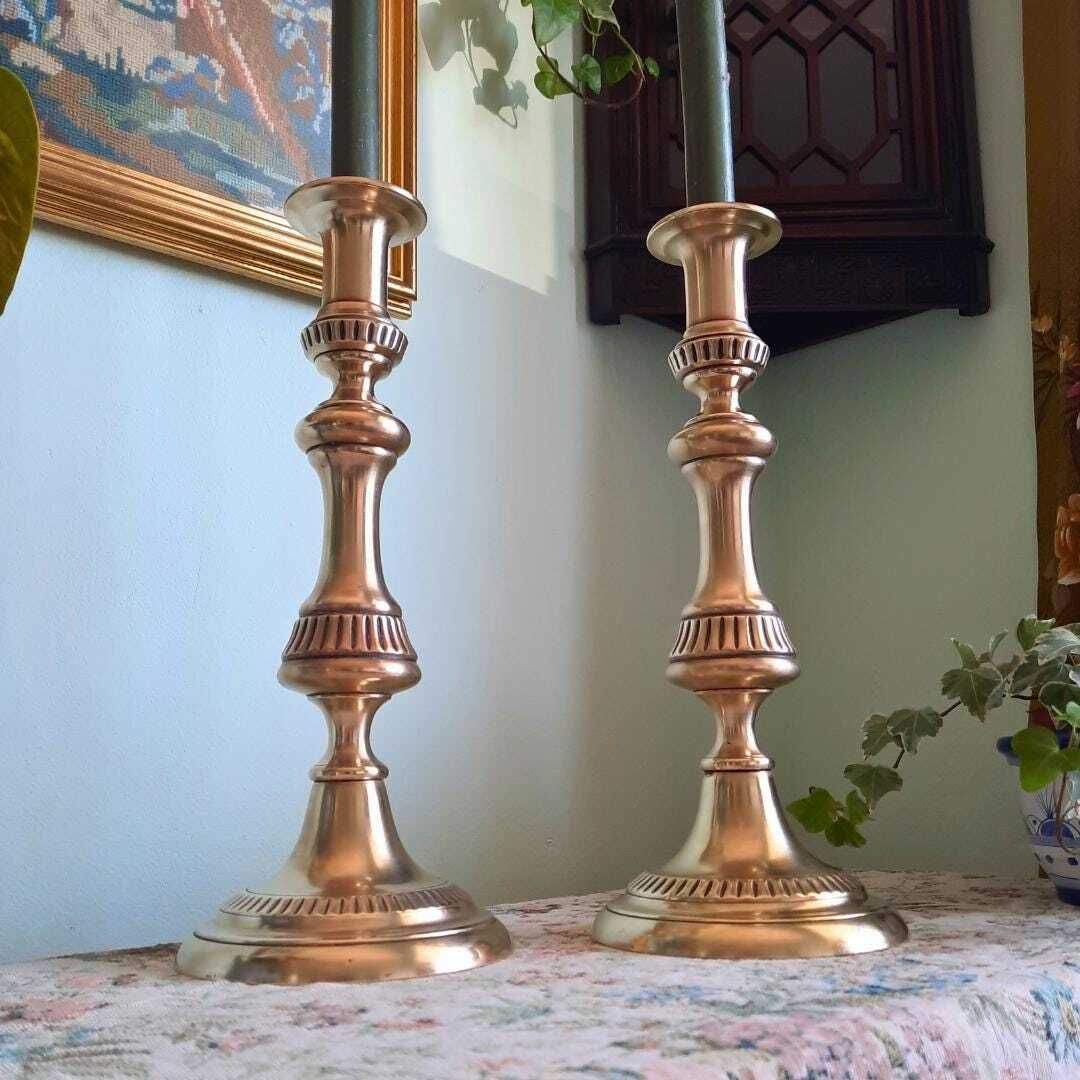 Tall And Chunky Antique Victorian Brass Candle Holders Pair 1800s H 12.2'' photo Home Decor