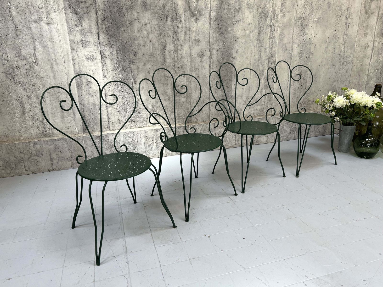 Set Of 4 Painted Forest Green Metal Garden Chairs