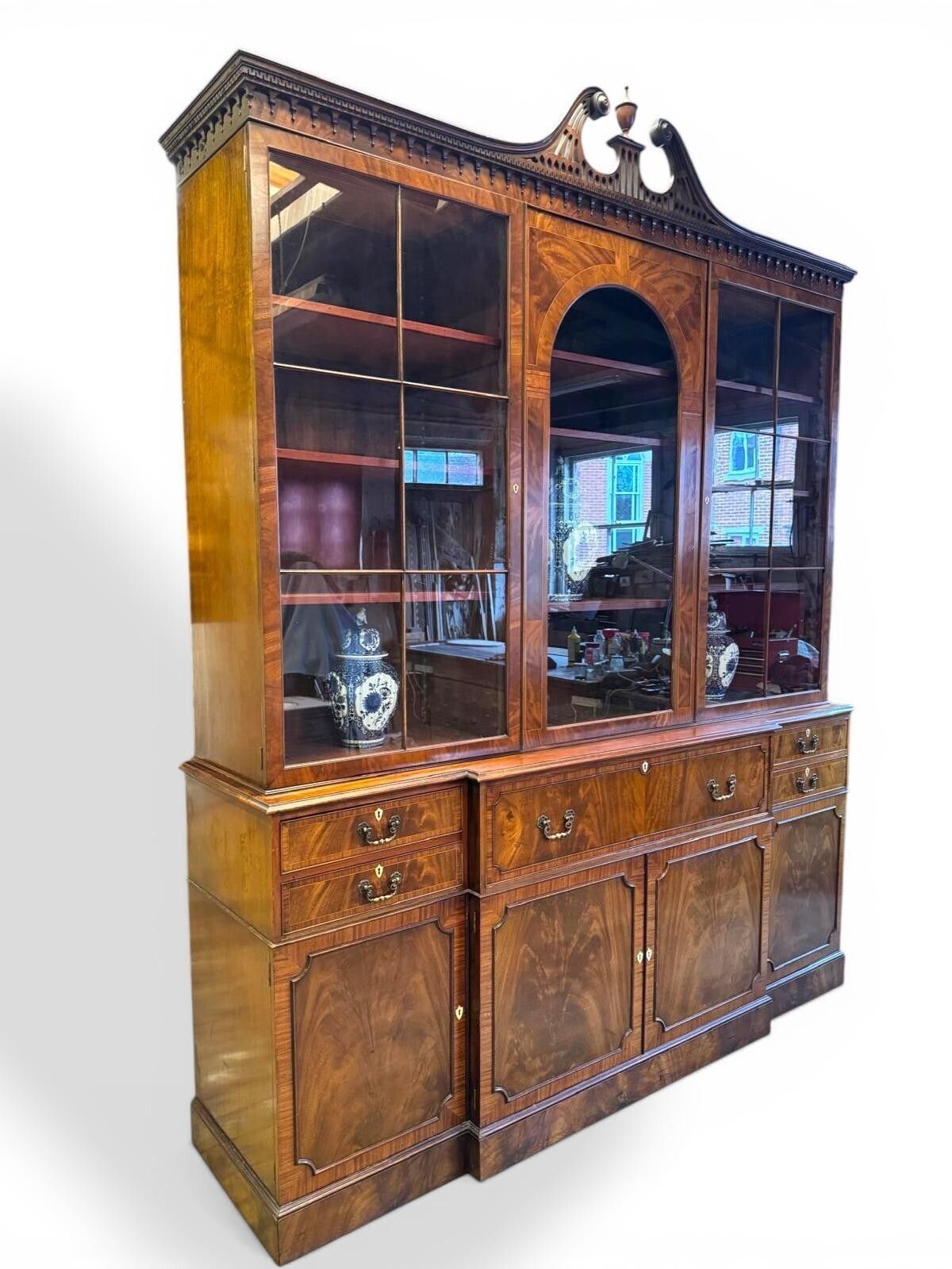 Monumental Pair Of Walnut Inlaid Secretaire Bookcases Circa 1950 photo vinterior
