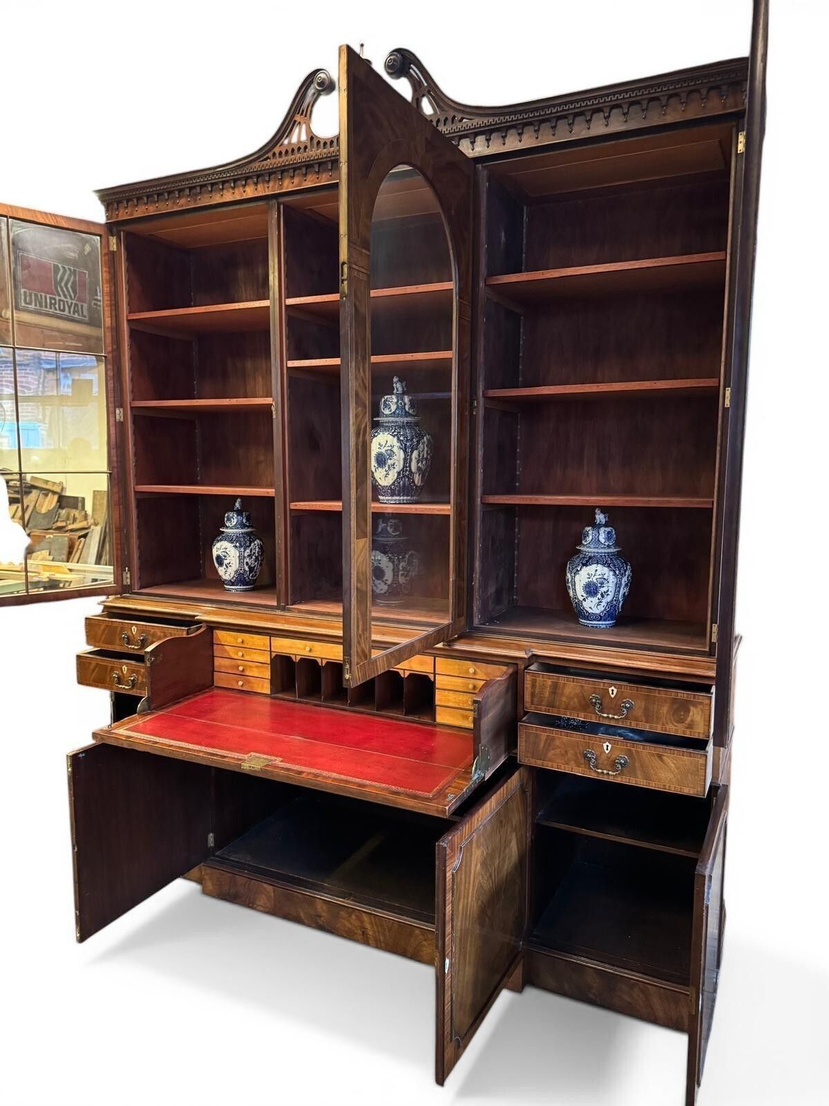 Monumental Pair Of Walnut Inlaid Secretaire Bookcases Circa 1950 photo vintage