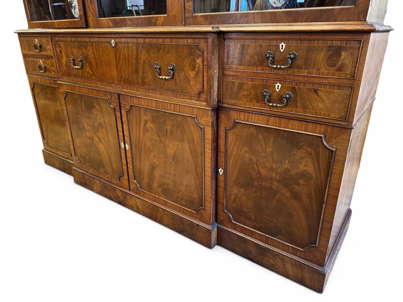 photo vintage Monumental Pair Of Walnut Inlaid Secretaire Bookcases Circa 1950
