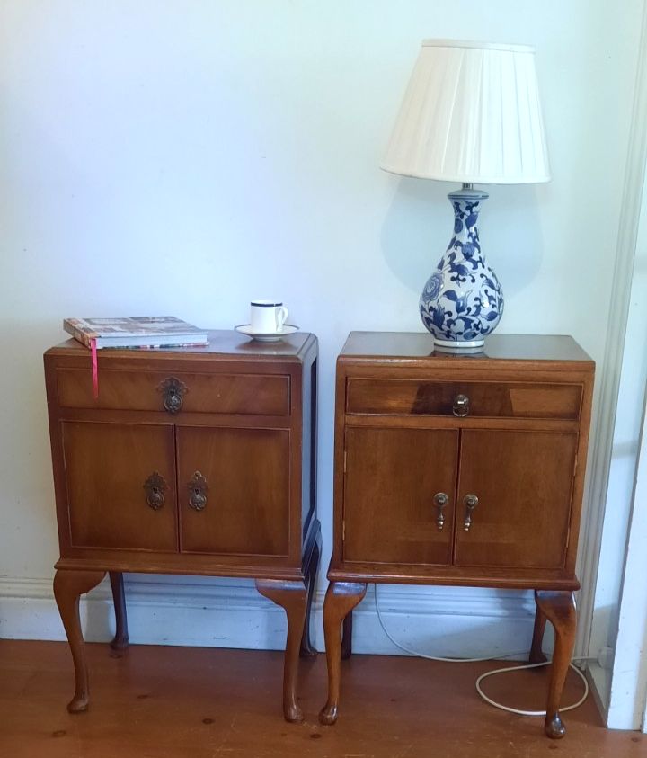 Matched  Pair Antique Burr Walnut Regency Style Bedside Tables 1930s Queen Anne