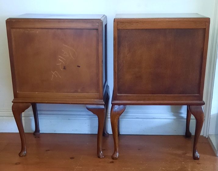 Matched  Pair Antique Burr Walnut Regency Style Bedside Tables 1930s Queen Anne photo vintage