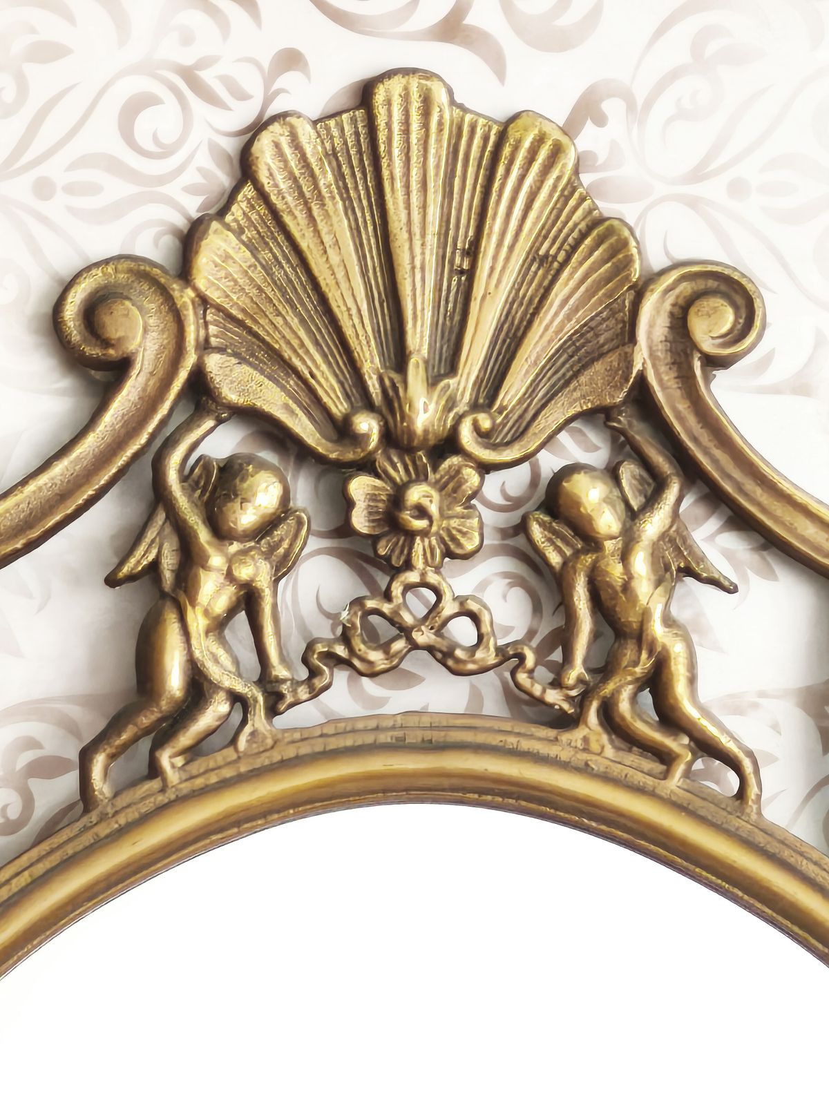 Large Antique Brass Wall Mirror With Cherubs, Oval Ornate Rocaille Design photo furniture