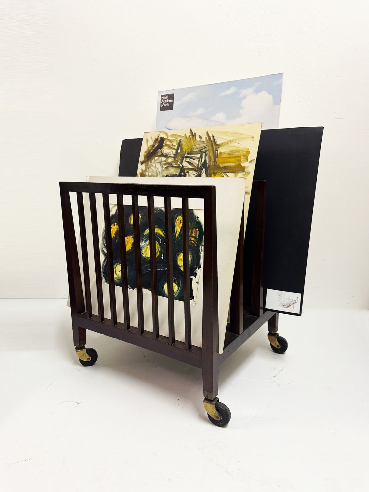 Vintage Mahogany Art Gallery Folio Display Rack Artist Portfolio Trolley On Brass Casters