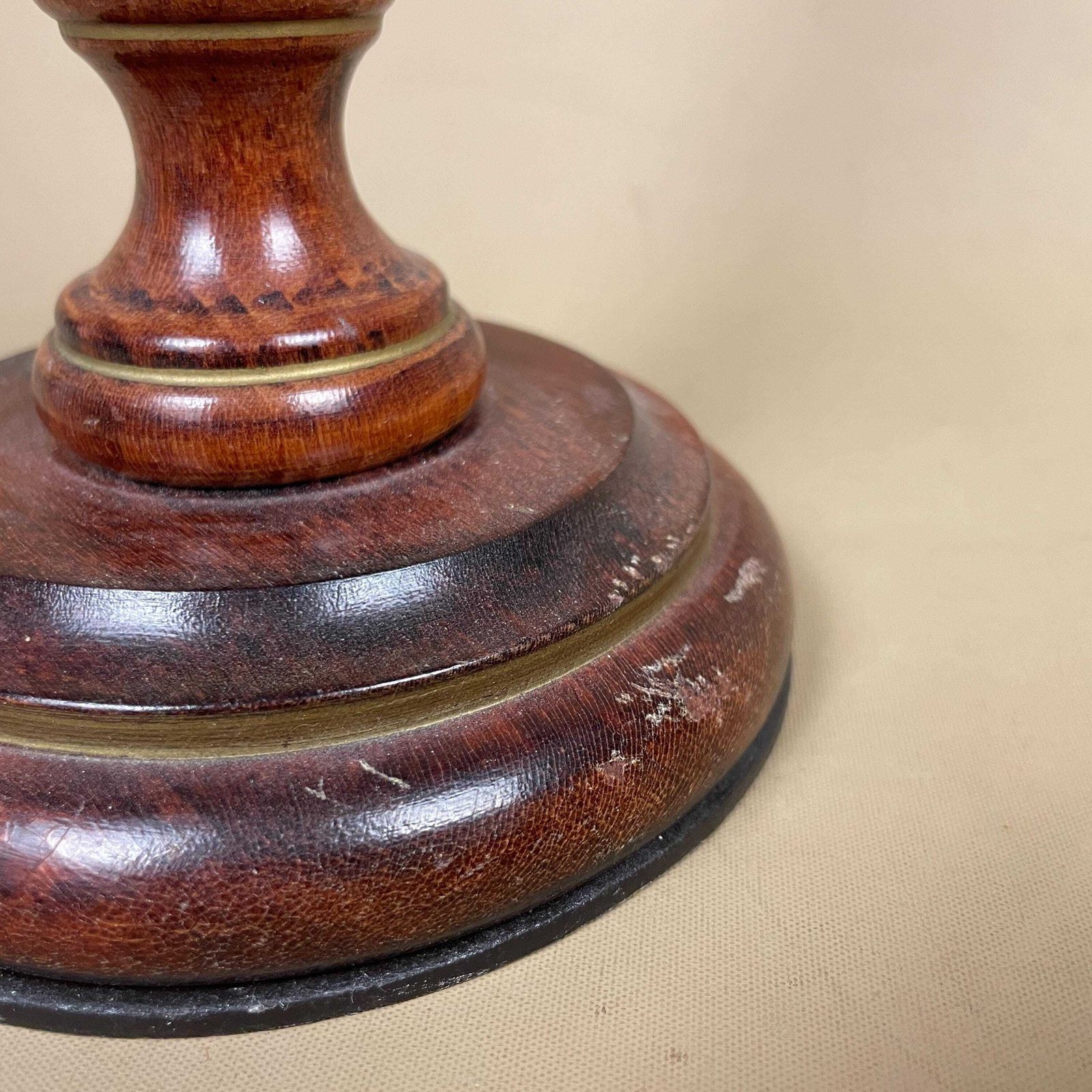 Wood Lamp Wooden Bedside Table Light Antique Brown Elegant Cottage Farmhouse Country Medium Column Round Base Gold Painted Details photo vinterior