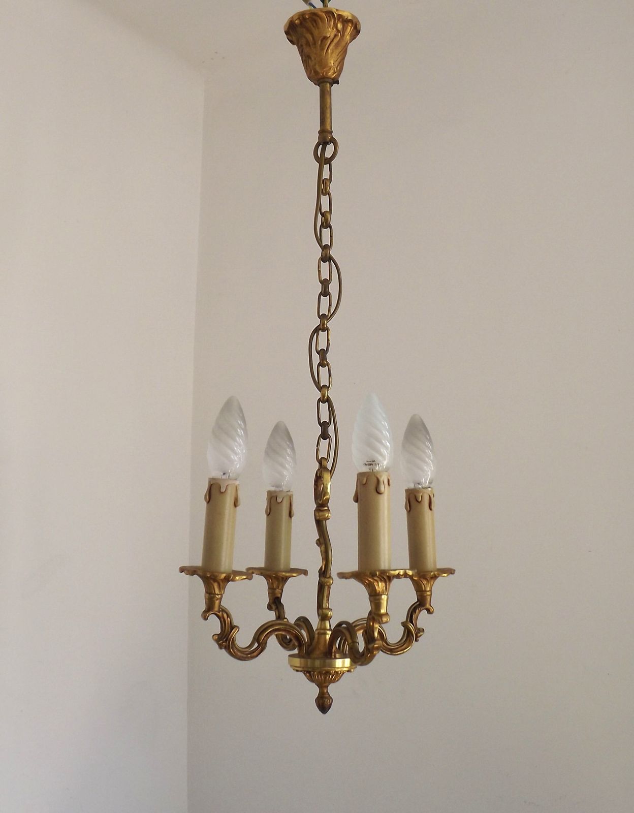 French Art Nouveau Scrolled Acanthus Leaf 4 Light Bronze Chandelier