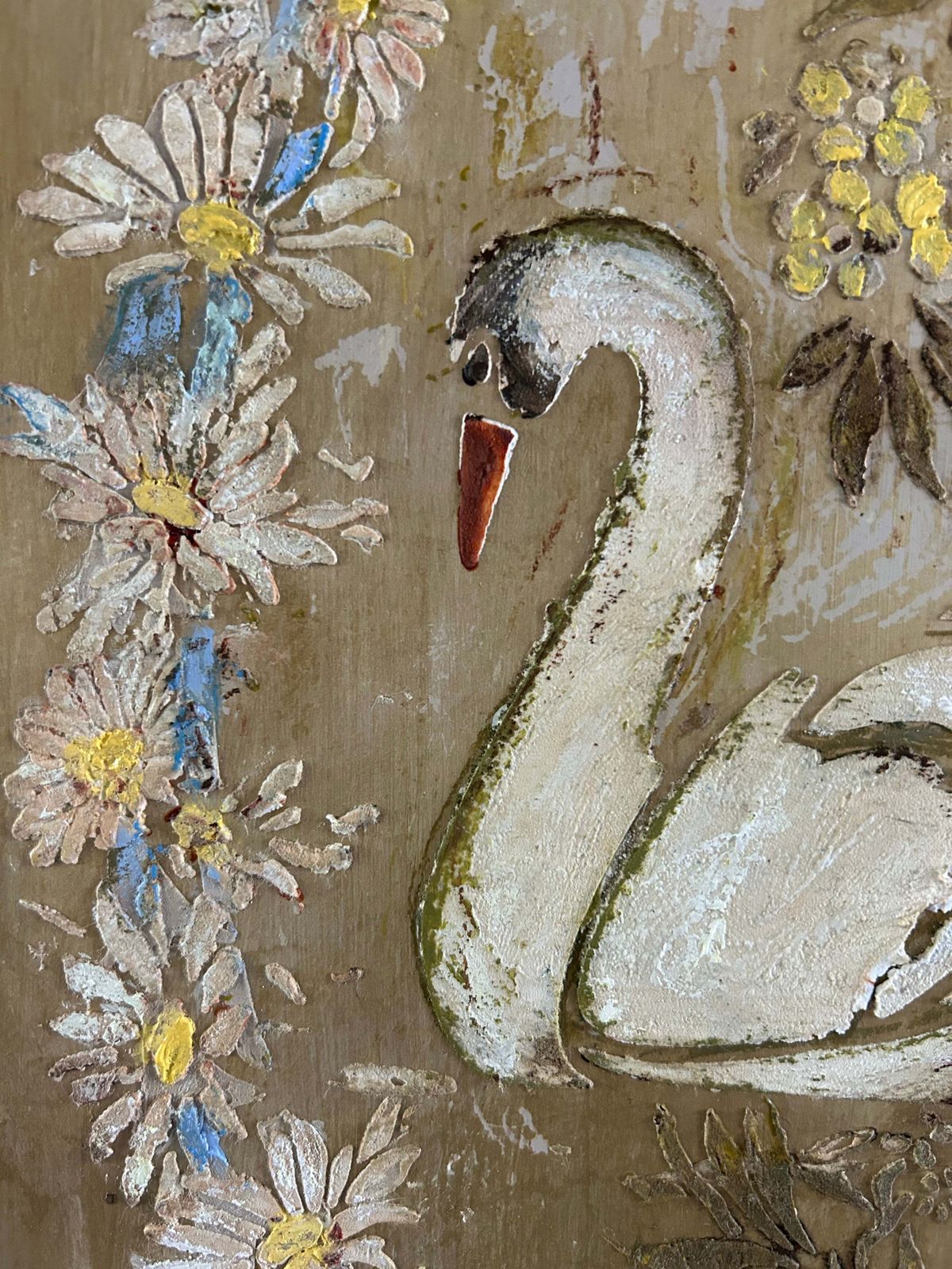 Furniture Vintage Painted Pine Armoire With Swan And Daisy Chinoiserie. photo