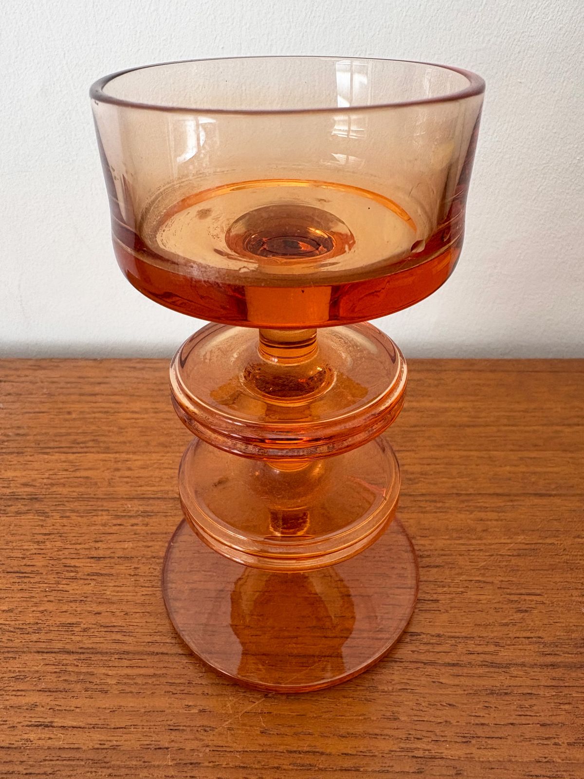 Pair Of Midcentury Modernist Wedgwood 'Sheringham' Glass Amber 2 Disk Candleholders, 1960s photo furniture