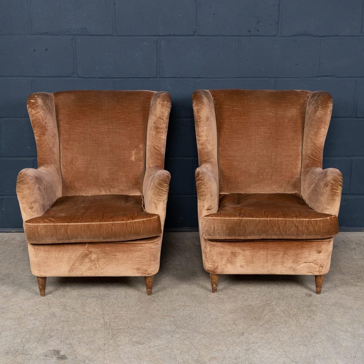 Vintage 20th Century Italian Pair Of Velvet Wingback Armchairs C.1960 photo for sale