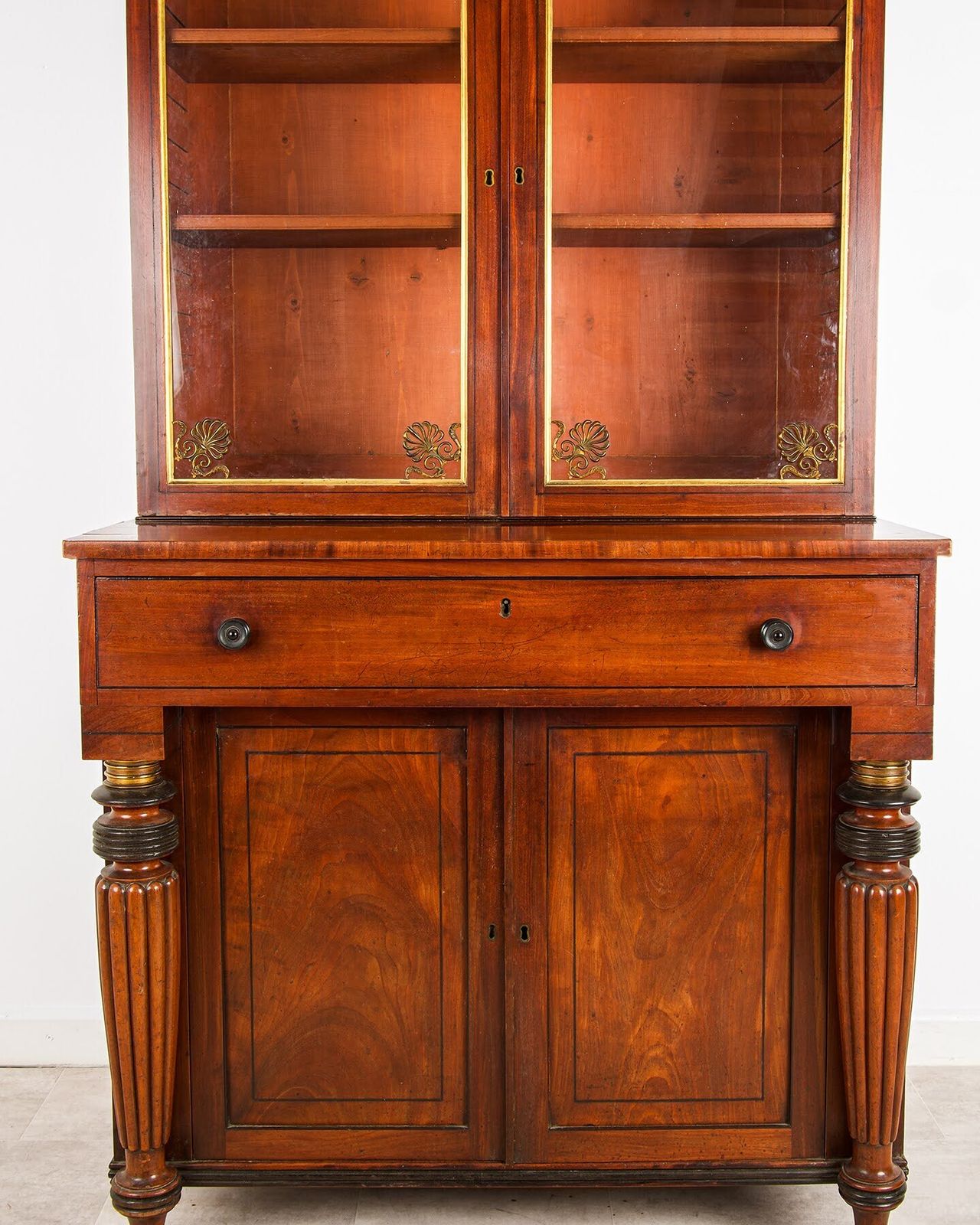Regency Mahogany Glazed Bookcase With Brass Anthemion Mounts & Ebonised Columns, C.1815 photo Furniture
