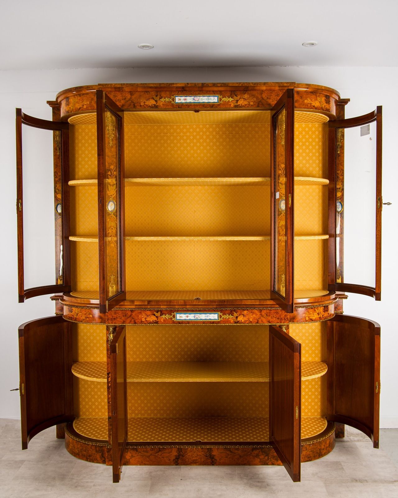 Large Burr Walnut Marquetry Display Cabinet Credenza With Sèvres Porcelain Plaques & Ormolu Mounts, 204cm photo buy