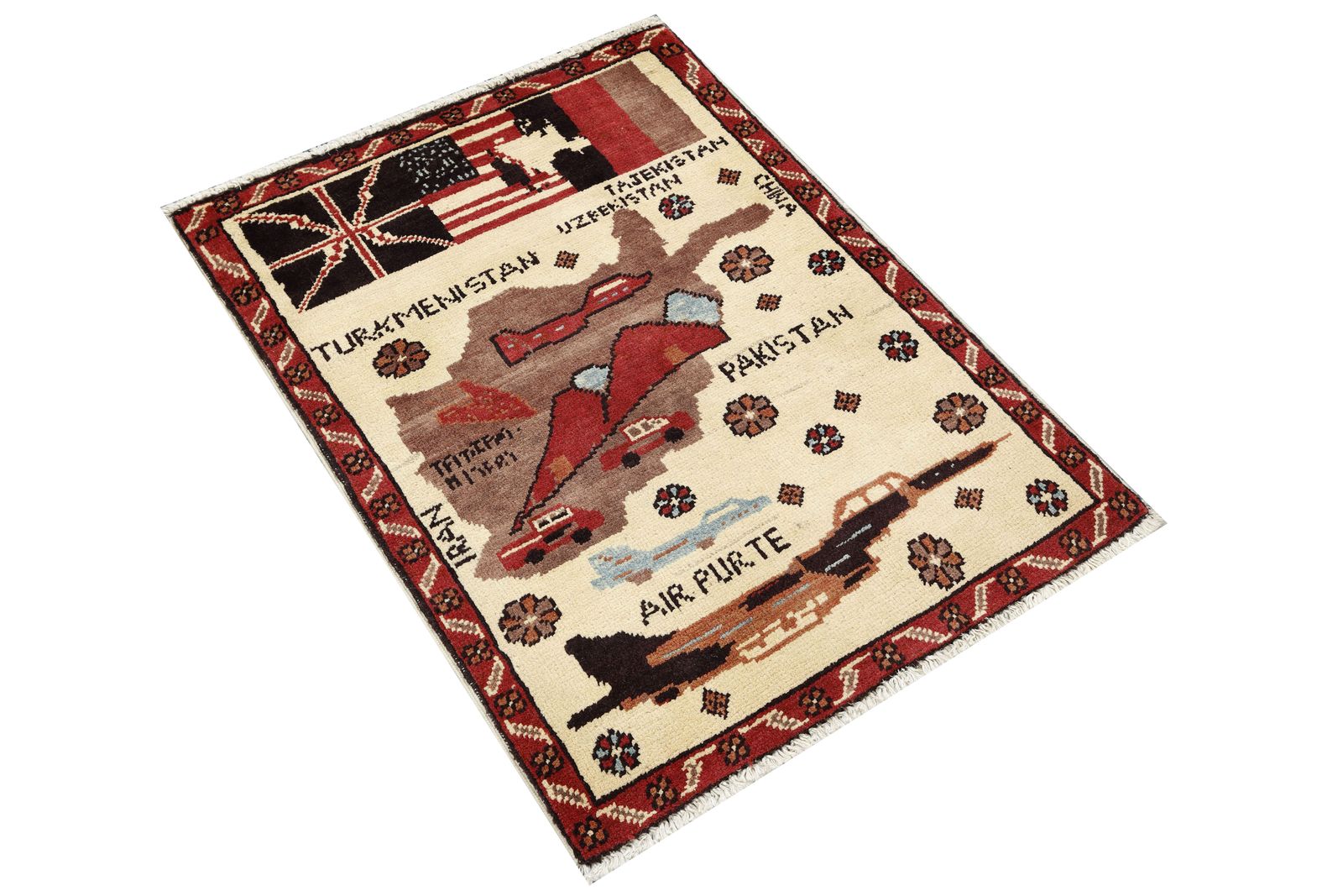 Afghan War Hand Knotted Ivory Pictorial Map Unique Rug photo furniture