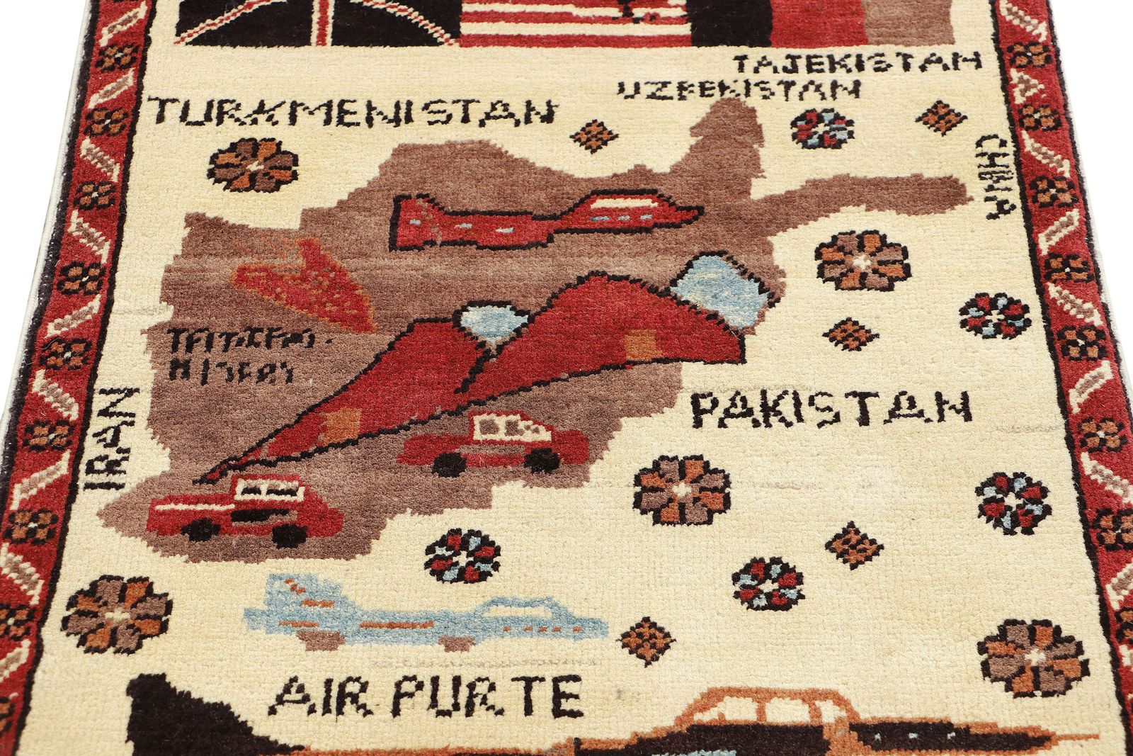 Afghan War Hand Knotted Ivory Pictorial Map Unique Rug photo for sale
