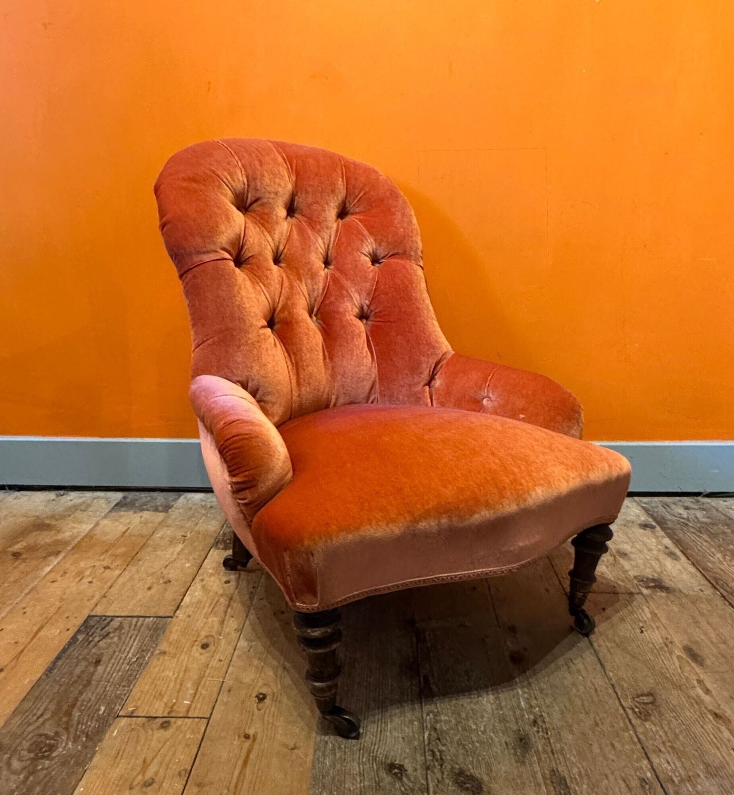 Antique Button Back Occasional Chair Upholstered In Orange Velvet