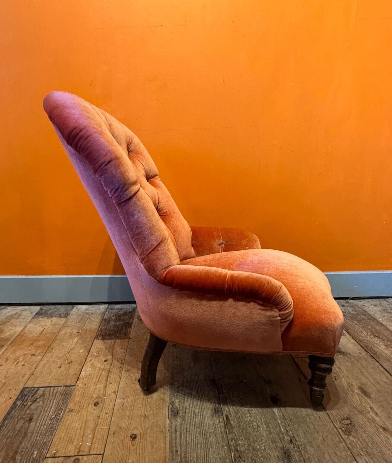 Antique Button Back Occasional Chair Upholstered In Orange Velvet photo for sale