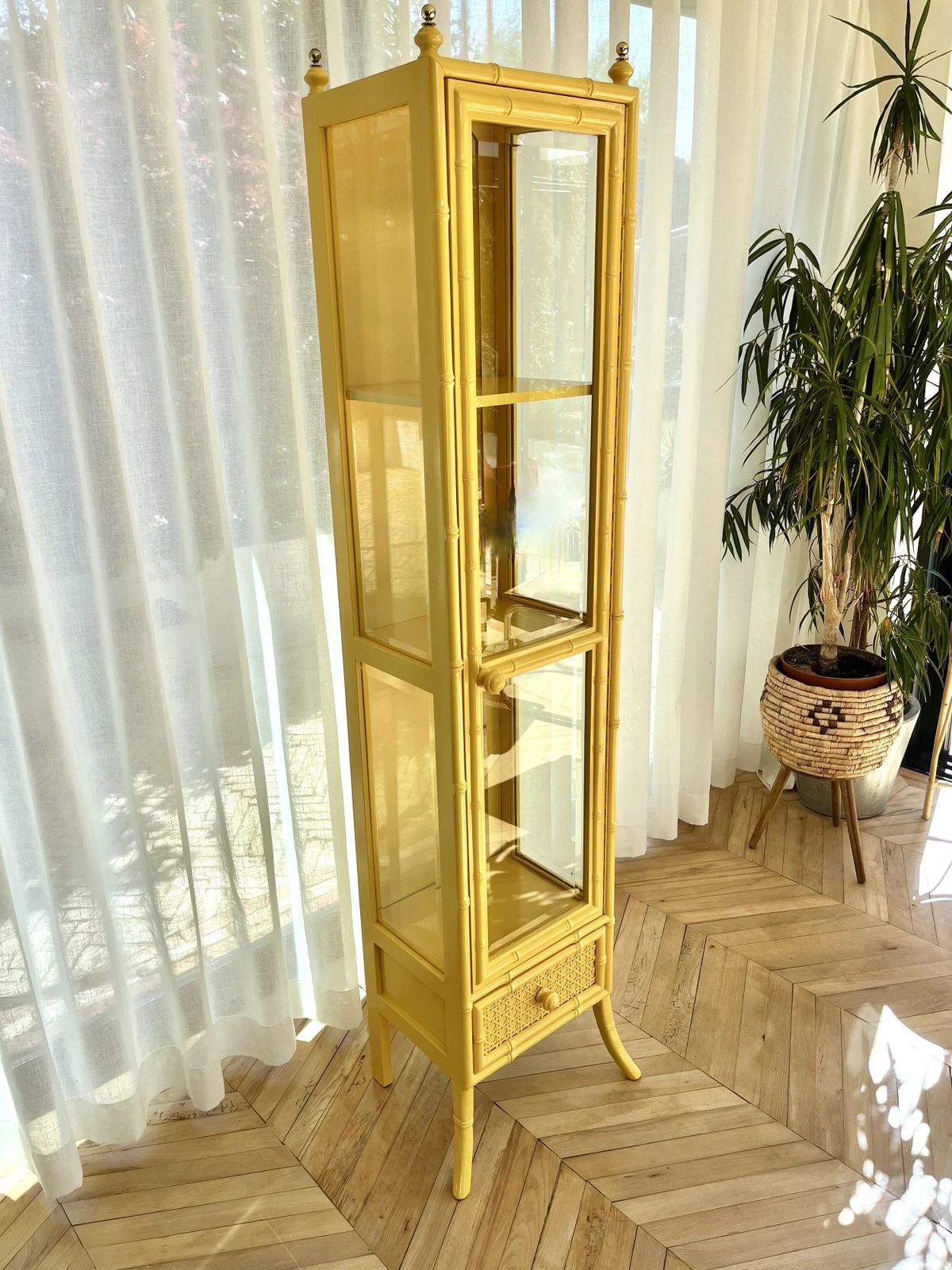 Yellow Lacquered Tall Faux Bamboo Glass Display Cabinet photo for sale
