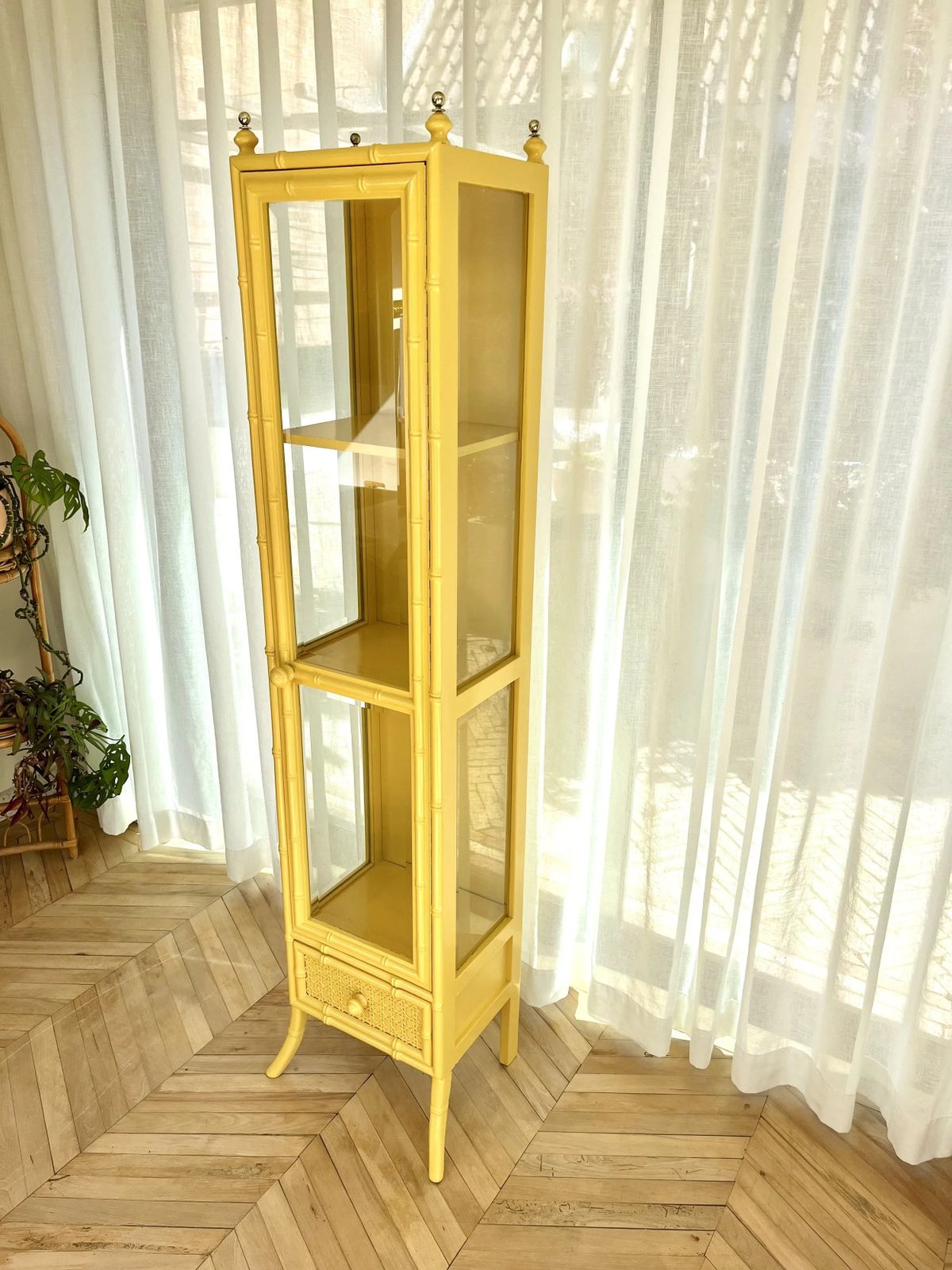 Yellow Lacquered Tall Faux Bamboo Glass Display Cabinet photo Furniture