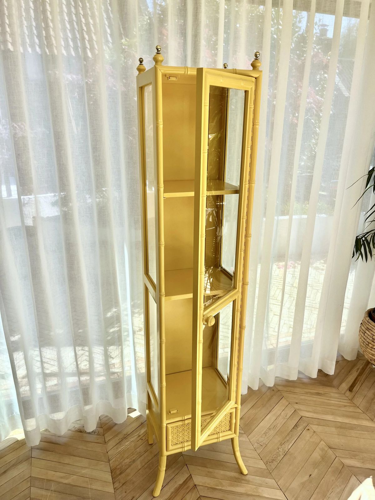 photo for sale Yellow Lacquered Tall Faux Bamboo Glass Display Cabinet