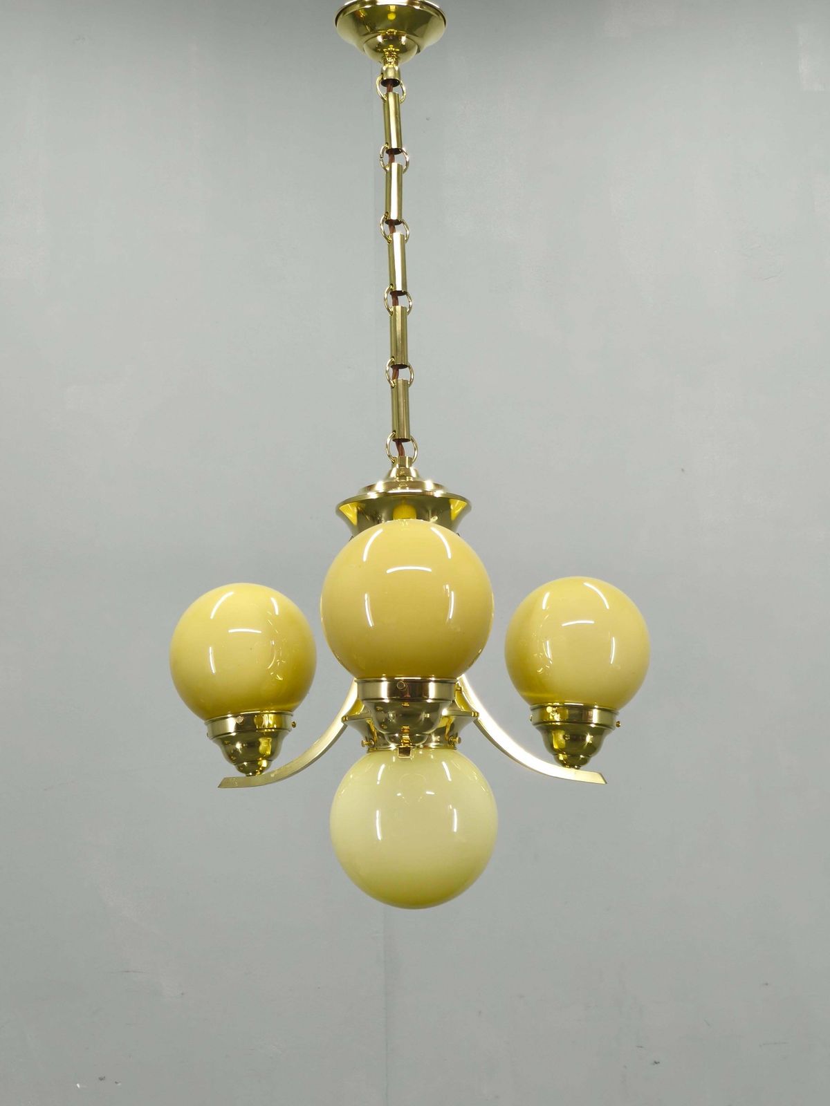 Art Deco Brass And Opaline Glass Chandelier, 1930s photo furniture