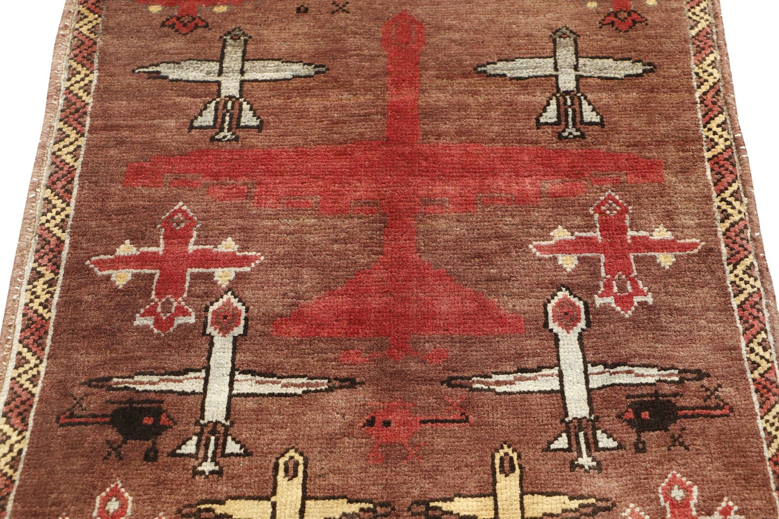 Brown Afghan War Hand Knotted Airplane Helicopter Small Rug photo for sale