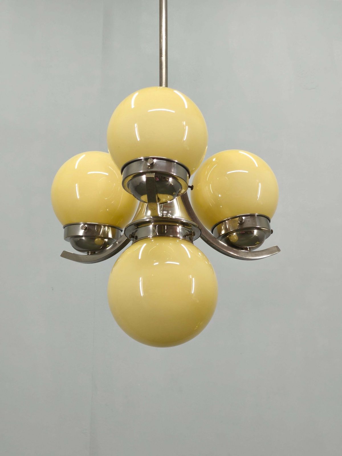 Art Deco Chrome And Opaline Glass Chandelier, 1930s photo for sale