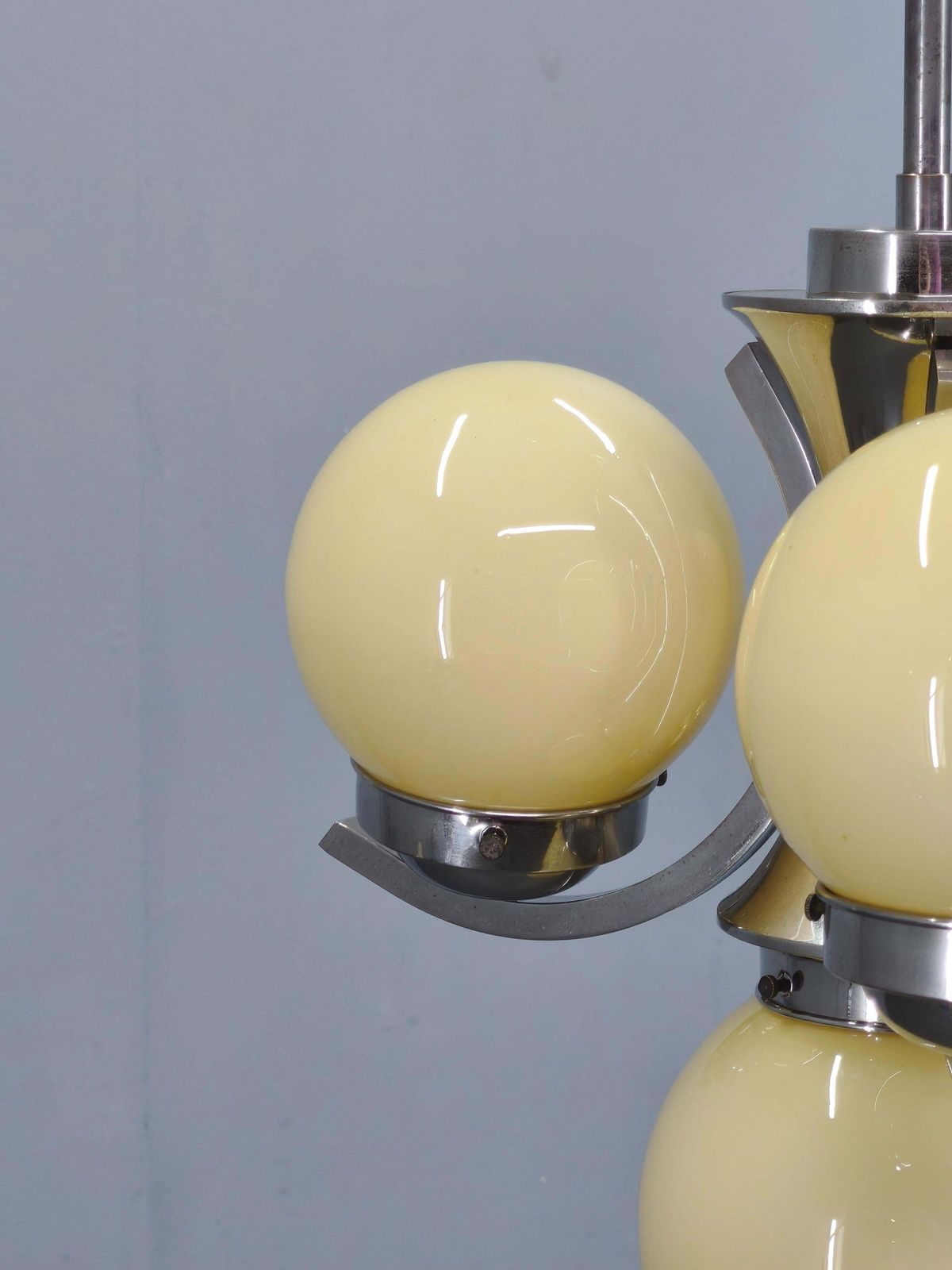 photo furniture Art Deco Chrome And Opaline Glass Chandelier, 1930s