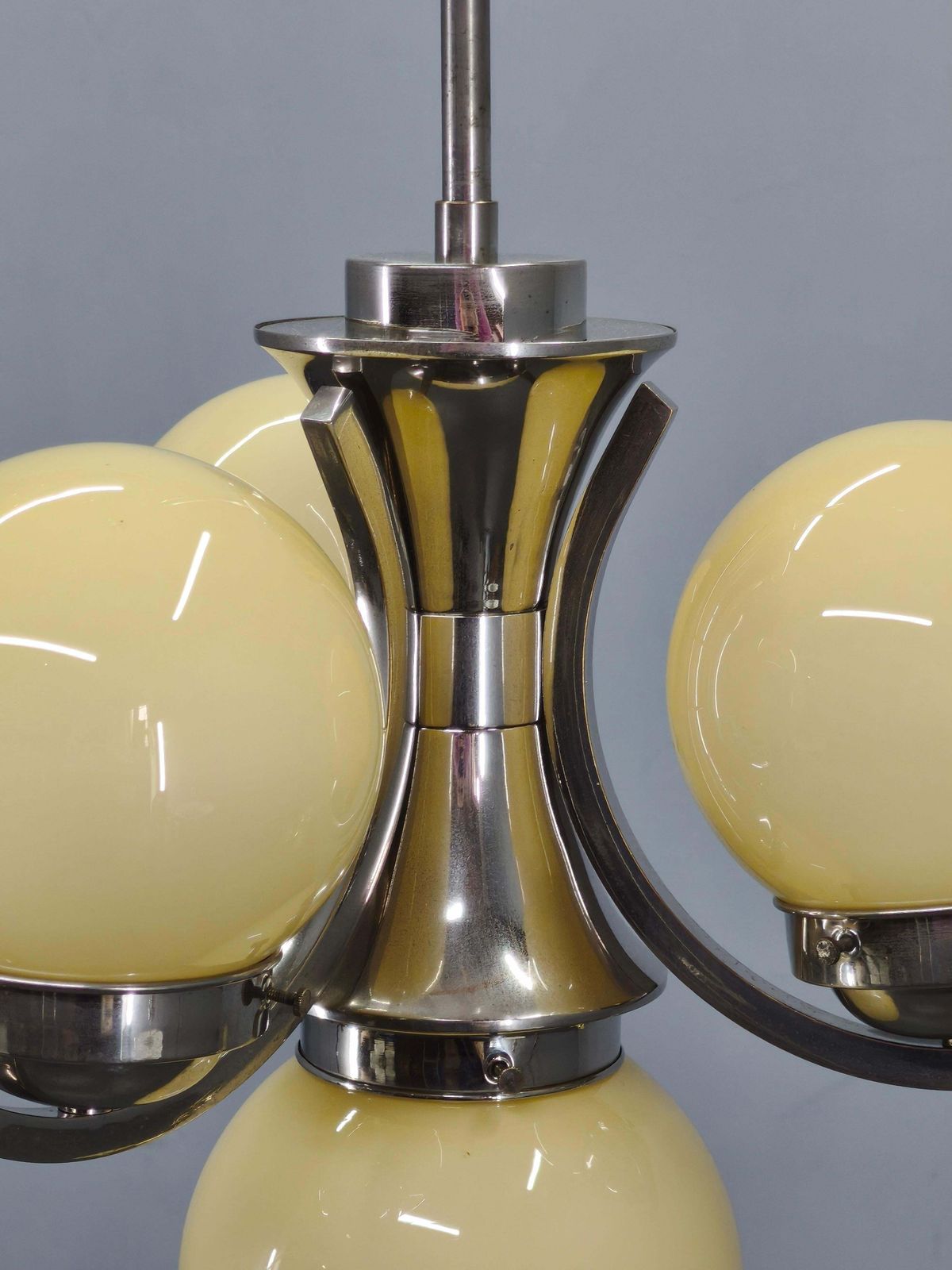photo for sale Art Deco Chrome And Opaline Glass Chandelier, 1930s