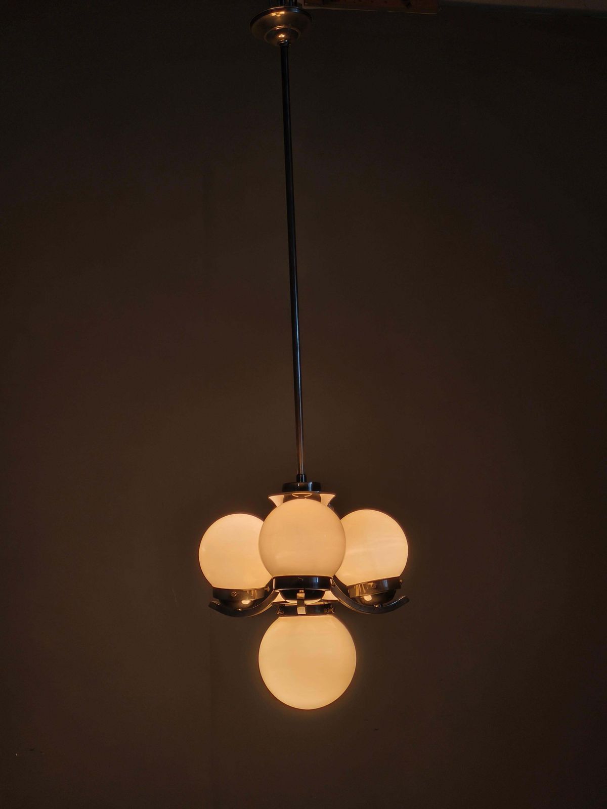 907.0 Art Deco Chrome And Opaline Glass Chandelier, 1930s photo