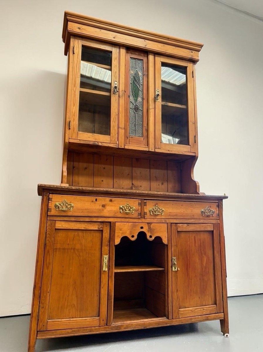 Antique Pitch Pine Welsh Dresser Kitchen Hutch Art Nouveau C1890 Stunning
