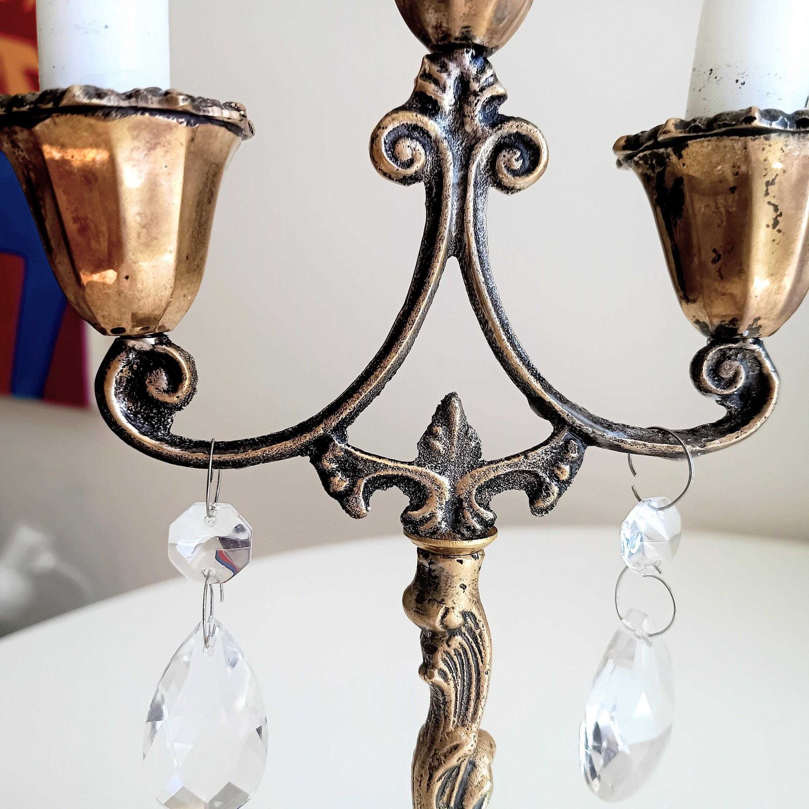 Vintage Art Nouveau 3 Arm Brass Candelabra, Romantic Crystal Prisms, France 1900s photo Home Decor