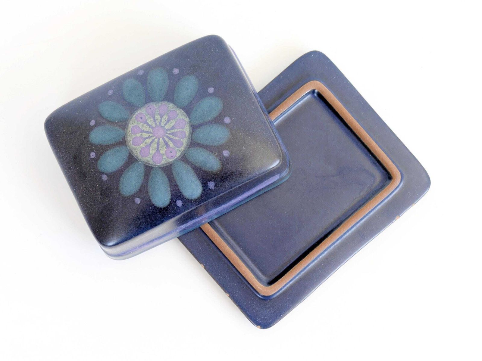 photo for sale Midcentury Kmk Viola Pottery Plates, Tumblers And Butterdish, Olga Nawothnig Design, 70s Germany