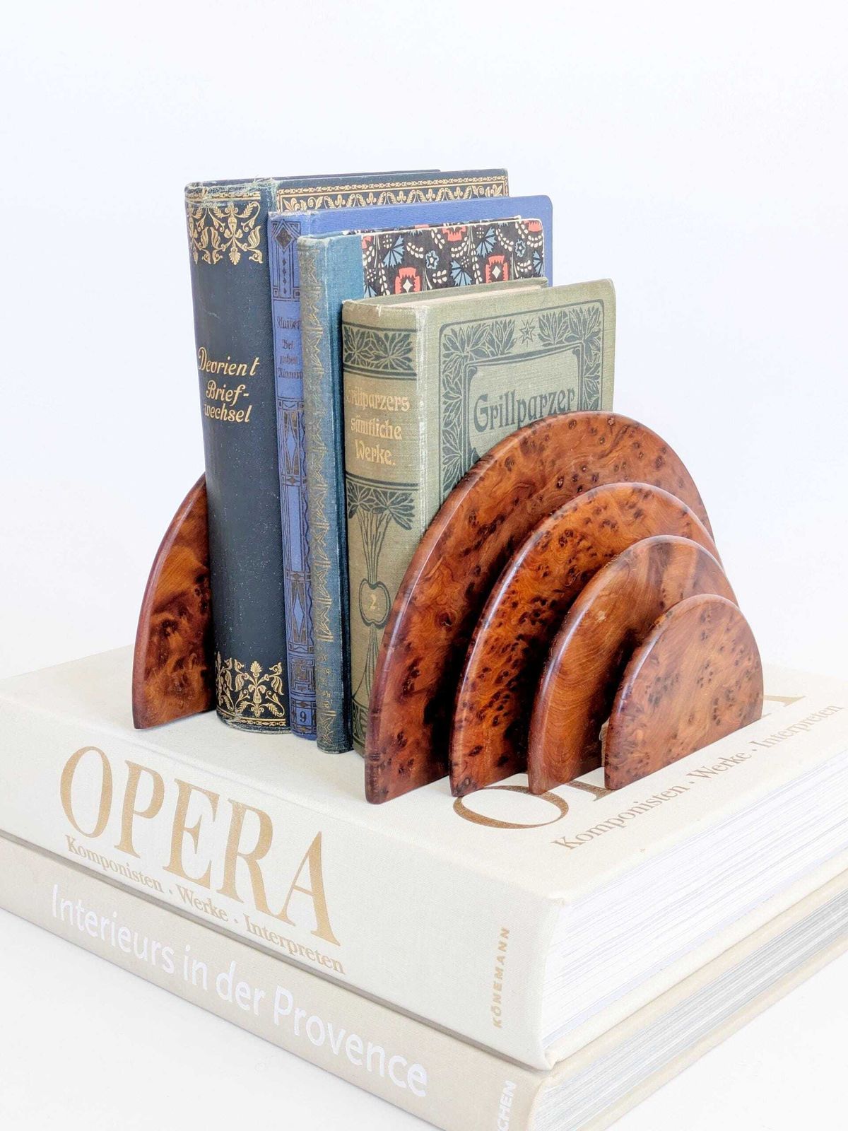 Pair Art Deco Burl Wood Letter Holder Bookends Midcentury Desk Organizer Set photo for sale